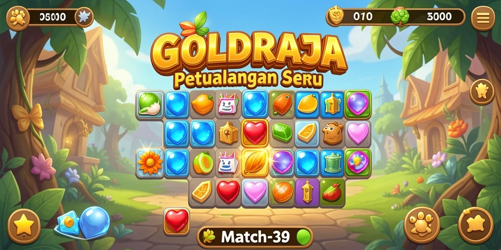 Tampilkan gameplay seru dalam permainan Match-3 GOLDRAJA.